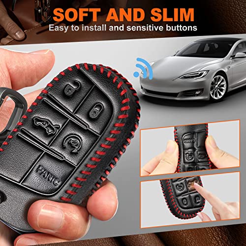 Slohif for Jeep Key Fob Cover Keychain Accessories for Grand Cherokee Renegade Chrysler 200 300 Dodge RAM Durango Charger Challenger Journey Dart Fiat 5 Buttons, Leather Case+D-Ring+Hook(Black)