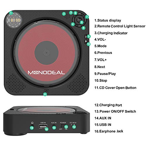 CD Player with Bluetooth, MONODEAL Portable Rechargeable CD Player with Built-in Speakers, Wall CD Player for Home, CD Player for Car and Outdoors (with Remote Control and Built-in FM Radio)