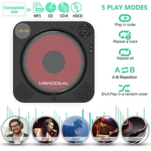 CD Player with Bluetooth, MONODEAL Portable Rechargeable CD Player with Built-in Speakers, Wall CD Player for Home, CD Player for Car and Outdoors (with Remote Control and Built-in FM Radio)