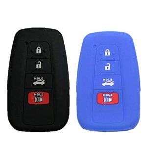 exuntech 2pcs silicone 4 buttons smart key fob cover remote keyless entry bag compatible with 2019 2020 2021 toyota highlander camry avalon c-hr prius corolla hyq14fbc, black blue