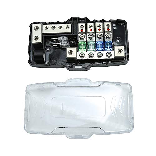 4-Way Car Audio Stereo with Ground Mini ANL Fuse Box Holder Distribution Blocks 0/4GA Fuses Holder 30A 60A 80Amp, LED Indicator