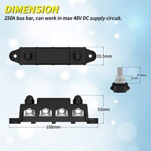 Joinfworld 250A 12V Bus Bar 3/8" Power Distribution Block 4 Studs Junction Block Automotive Marine Battery Busbar Terminal Block with Cover 12 Volt Negative&Positive