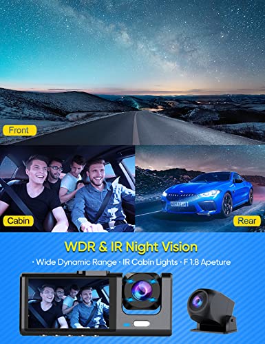 3 Channel Dash Cam Front and Rear Inside, 1080P Dash Camera for Cars, Dashcam Three Way Triple Car Camera with IR Night Vision, Loop Recording, G-Sensor, Parking Monitor, 24 Hours Recording