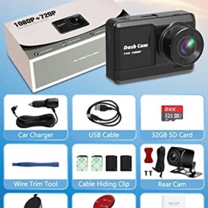 Dash Cam Front and Rear, Mini Dash Cam 1080P Full HD with 32GB SD Card, 2.45 inch IPS Screen, 2 Mounting Ways, Night Vision, WDR, Accident Lock, Loop Recording, Parking Monitor, Motion Detection