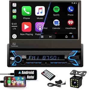 single din car stereo player compatible with apple carplay & android auto–7 inch flip out touchscreen car radio with bluetooth| mirror link| backup camera| usb/sd/aux input| am fm| subwoofer| dsp