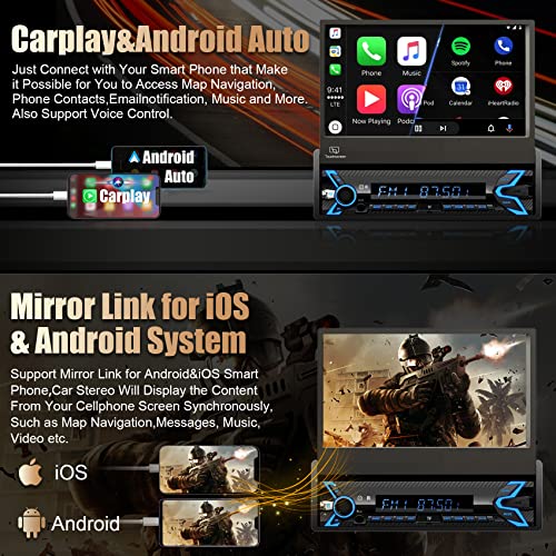 Single Din Car Stereo Player Compatible with Apple Carplay & Android Auto–7 Inch Flip Out Touchscreen Car Radio with Bluetooth| Mirror Link| Backup Camera| USB/SD/AUX Input| AM FM| Subwoofer| DSP