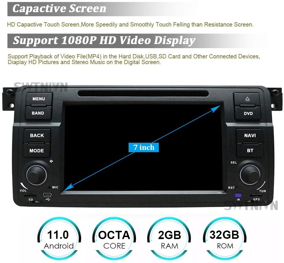 SWTNVIN Car Stereo Radio Compatible with BMW 3 Series 1999 2000 2001 2002 2003 2004(E46) Rover75 MG ZT Android 11 Octa-Core 2G RAM 32G ROM 7 Inch HD Support BT5.0 Wifi GPS TPMS Steering Wheel DVD Play