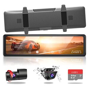 mirror dash cam,12″ rearview mirror dash cam for cars & trucks, dash cam mirror front and rear waterproof backup camera, enhanced night vision, parking assistance by kqq (free 64gb card)