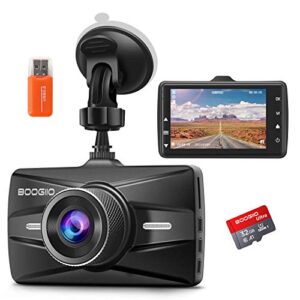 dash cam front with 32g sd card, boogiio 1080p fhd car driving recorder 3” ips screen 170°wide angle dashboard camera aluminum alloy case, wdr g-sensor parking monitor loop recording motion detection