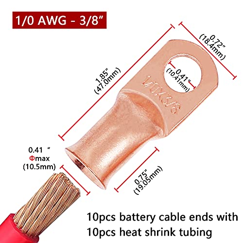 TKDMR 10pcs 1/0 AWG-3/8" Battery Lugs,Heavy Duty Wire Lugs,Ring Terminals,Battery Cable Ends,0 Guage terminals,Battery Terminal Connectors with 10pcs 3:1 Heat Shrink Tubing