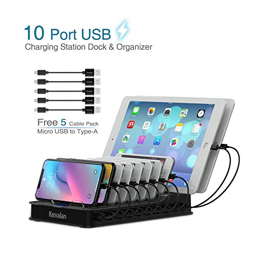 Kavalan 10 Port USB Charging Station Dock & Organizer, Universal Desktop Tablet and Smartphone Multi-Device 10 Port USB Charger Hub with Auto Detect Smart Rapid Charging Technology