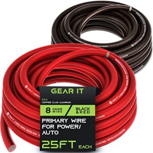 gearit 8 gauge wire (25ft each- black/red translucent) copper clad aluminum cca – primary automotive wire power/ground, battery cable, car audio speaker, rv trailer, amp, electrical 8ga awg 25 feet