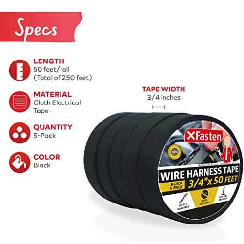 XFasten Wire Harness Tape, 3/4-Inch by 50-Foot (5-Pack), High Temp Wiring Loom Harness Self-Adhesive Felt Cloth Electrical Tape for Automotive Engine and Electrical Wiring