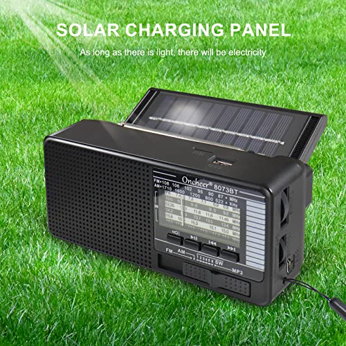 Oncheer Portable FM/AM/SW Radio, Build-in Bluetooth Speaker, Powered by Rechargeable Battery with Solar Panel for Charging, Emergency LED Light, Stretch Antenna, Support TF Card USB Mp3 Player