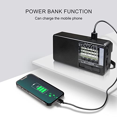 Oncheer Portable FM/AM/SW Radio, Build-in Bluetooth Speaker, Powered by Rechargeable Battery with Solar Panel for Charging, Emergency LED Light, Stretch Antenna, Support TF Card USB Mp3 Player