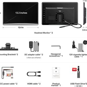 13.3 Inch(2G ram 32G ROM) 5G WiFi OTA 4K Android 10.0 Portable Multifunction Car TV Headrest Monitor Tablet Touch Screen 1080P Headset Bluetooth/HDMI in+Out/FM/Mirror Link Video Player(2PC)