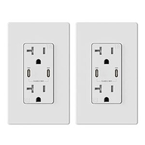 elegrp 36w qc 3.0 pd 2.0 usb wall outlet, dual type c power delivery and quick charge for iphone/ipad/samsung/lg/htc/android devices, 20 amp usb receptacle, ul listed, w/wall plate, 2 pack, white