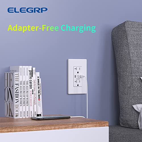 ELEGRP 36W QC 3.0 PD 2.0 USB Wall Outlet, Dual Type C Power Delivery and Quick Charge for iPhone/iPad/Samsung/LG/HTC/Android Devices, 20 Amp USB Receptacle, UL Listed, w/Wall Plate, 2 Pack, White