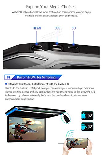 XTRONS® 17.3 Inch 16:9 Ultra-Thin FHD Digital TFT Screen 1080P Video Car Overhead Player Roof Mounted Monitor HDMI Port 1920 * 1080 Full High Definition (No DVD)