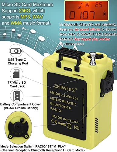 ZHIWHIS Shortwave Radio, MP3 Player with Weather Radios Portable AM FM, Retro Bluetooth Speaker with 6 EQ Modes, Rechargeable Alarm Clock Receiver with Sleep Time and NOAA Alerts ZWS-701