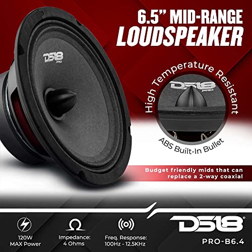 DS18 PRO-B6.4 Mid-Range 6.5" Car Audio Loudspeaker with Bullet 4-Ohm 120 Watts Premium Quality Audio Door Speakers for Car or Truck Stereo Sound System (1 Speaker)