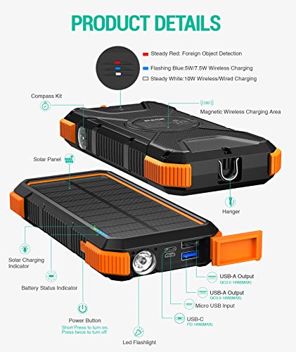 BLAVOR Magnetic Wireless Power Bank, PD 18W QC3.0 Fast Charging Qi 10W Wireless Solar Charger 20000mAh Battery Pack, 4 Outputs 2 Inputs, Flashlight, Compass, Compatible with iPhone 14/13/12 Series