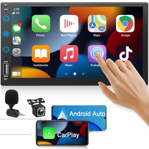 Double Din Car Stereo Radio Voice Control Apple Carplay & Android Auto, 7In HD LCD Touch Screen Bluetooth 5.2, MP5 Player with Mirror Link, Front/Backup Camera, USB/SD A/FM Audio Receiver, Subwoofer