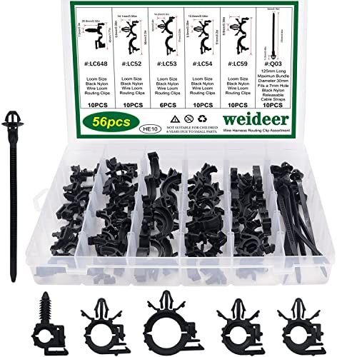 weideer 56Pcs Car Wire Harness Routing Clip Assortment Kit - 6 Different Sizes Universal Wiring Harness Routing Clip Replacement Parts