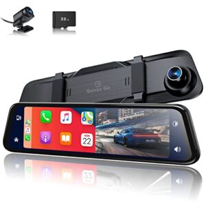 sensego 12″ 2k mirror dash cam carplay android auto wireless 1440p smart rearview backup camera for cars, front and rear view dual cameras, voice control, night vision, parking assistant, 32gb tf card