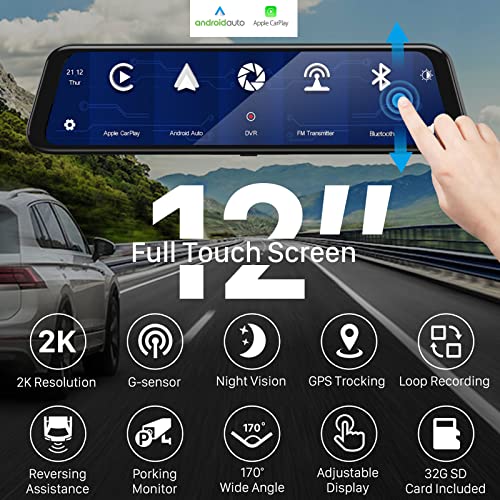 SENSEGO 12" 2K Mirror Dash Cam Carplay Android Auto Wireless 1440P Smart Rearview Backup Camera for Cars, Front and Rear View Dual Cameras, Voice Control, Night Vision, Parking Assistant, 32GB TF Card