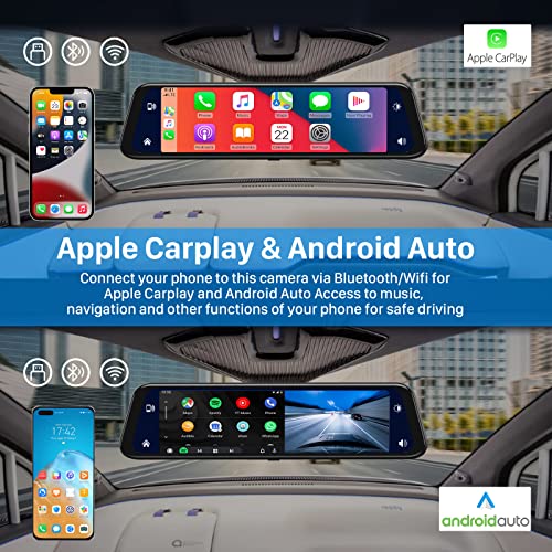 SENSEGO 12" 2K Mirror Dash Cam Carplay Android Auto Wireless 1440P Smart Rearview Backup Camera for Cars, Front and Rear View Dual Cameras, Voice Control, Night Vision, Parking Assistant, 32GB TF Card