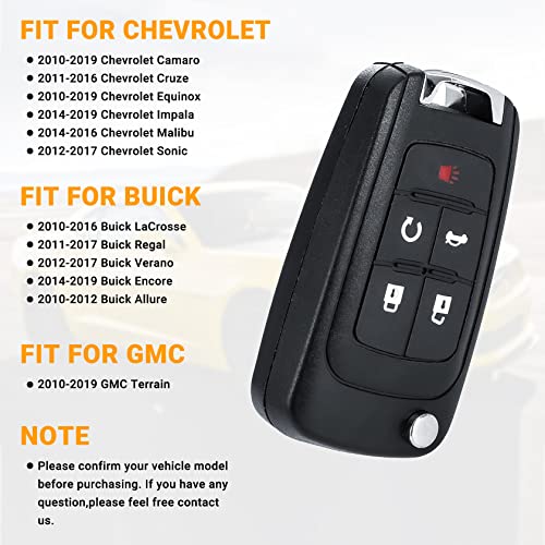 CarBole Car Key Fob for Chevy, Vehicle Remote Replacement for Chevrolet Buick 2010-2019, Keyless Entry Start Alarm Anti-Theft Button for GMC Terrain, Camaro, Cruze, Equinox, Impala (2 Pack)