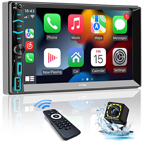 Double Din Car Stereo with Voice Control Apple Carplay&Android Auto,7 Inch HD LCD Touchscreen Monitor,Bluetooth,Subwoofer,Type-C/USB/SD Port,A/V Input,AM/FM Car Radio Receiver,SWC,Backup Camera(Free)