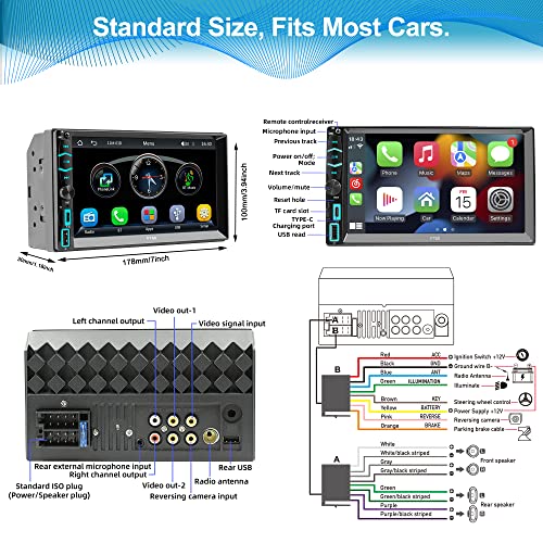 Double Din Car Stereo with Voice Control Apple Carplay&Android Auto,7 Inch HD LCD Touchscreen Monitor,Bluetooth,Subwoofer,Type-C/USB/SD Port,A/V Input,AM/FM Car Radio Receiver,SWC,Backup Camera(Free)