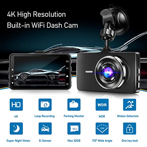 Dash Cam 4K WiFi Dash Camera for Cars 3" Dashcam with Super Night Vision 170° Wide Angle Dashboard Cam Recorder,G-Sensor,Motion Detection,Loop Recording,Parking Monitor