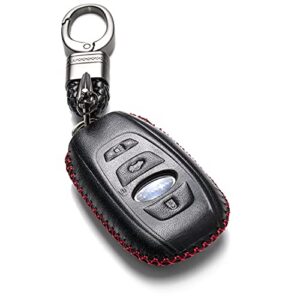 Vitodeco Leather Keyless Remote Smart Key Fob Case Cover with a Key Chain Compatible for Subaru Forester, Impreza, Outback, WRX, BRZ, XV Crosstrek, Ascent 2014 - 2023 (4-Button, Black/Red)