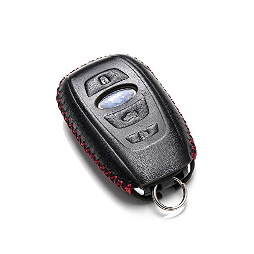 Vitodeco Leather Keyless Remote Smart Key Fob Case Cover with a Key Chain Compatible for Subaru Forester, Impreza, Outback, WRX, BRZ, XV Crosstrek, Ascent 2014 - 2023 (4-Button, Black/Red)