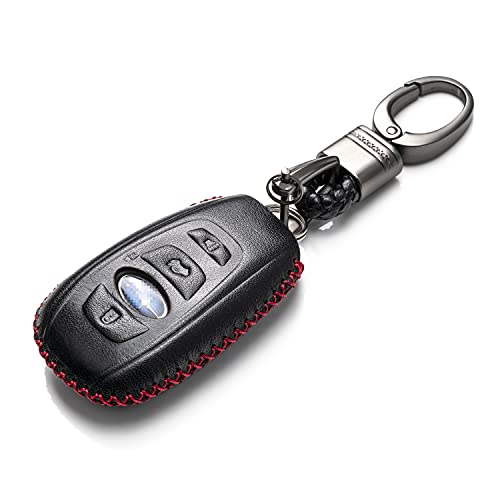 Vitodeco Leather Keyless Remote Smart Key Fob Case Cover with a Key Chain Compatible for Subaru Forester, Impreza, Outback, WRX, BRZ, XV Crosstrek, Ascent 2014 - 2023 (4-Button, Black/Red)