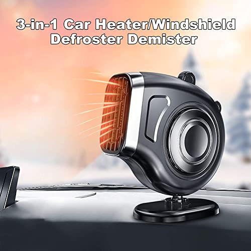 Mini Car Heater, 12V 150W Car Fan Defroster, Auto Heating/Cooling Fan with Rotating Base Fairing Securing Clip，Plug in Cigarette Lighter (Black)