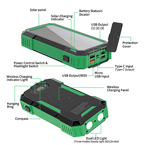 Solar Charger Solar Power Bank, Portable Charger 40000mAh PD22.5 Wireless Charging, Solar battery QC4.0 Fast Carging,6 Output & 2 Input External Battery, Dual Flashlight IP54 Waterproof Outdoor