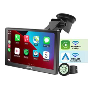 atoto p8 portable on-dash car gps navigation, wireless carplay & wireless android auto, 7inch qled touchscreen, wdr & auto dimmer, bluetooth, remote control, aux/fm output, p807sd-rm