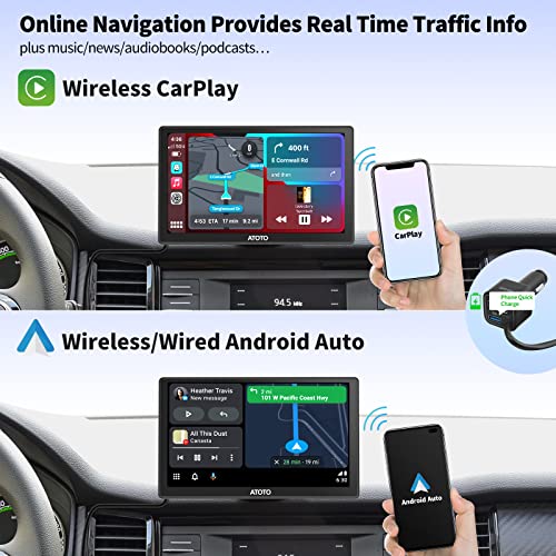 ATOTO P8 Portable On-Dash Car GPS Navigation, Wireless CarPlay & Wireless Android Auto, 7inch QLED Touchscreen, WDR & Auto Dimmer, Bluetooth, Remote Control, AUX/FM Output, P807SD-RM