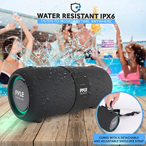 PyleUsa Wireless Portable Bluetooth Boombox Speaker - 2Ch Waterproof Rechargeable Fabric Stereo Speaker w/Google Assistant/Siri Voice Control, TWS Function, USB FM Radio, RGB Lights -PSBWP9BK (Black)