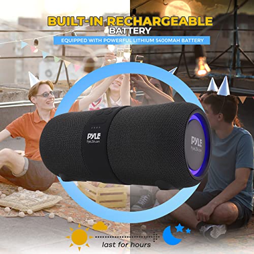 PyleUsa Wireless Portable Bluetooth Boombox Speaker - 2Ch Waterproof Rechargeable Fabric Stereo Speaker w/Google Assistant/Siri Voice Control, TWS Function, USB FM Radio, RGB Lights -PSBWP9BK (Black)