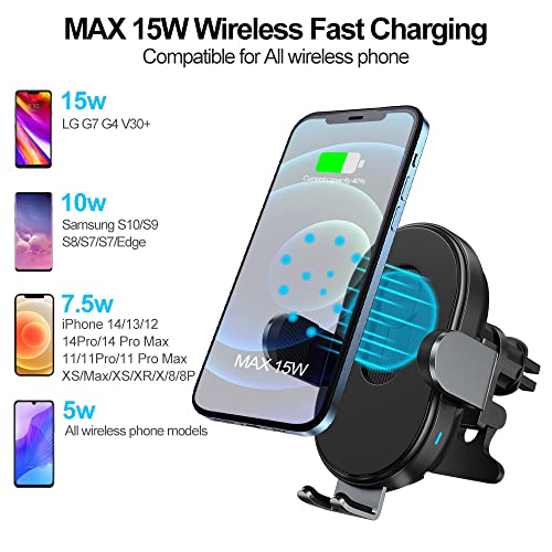 ForestDash Wireless Car Charger, 15W Qi Fast Car Phone Holder Mount Wireless Charging, Auto-Clamping Phone Mount Car Air Vent Stand for 13 12 11 XR SE, Galaxy S10/S22/S20+, LG, etc