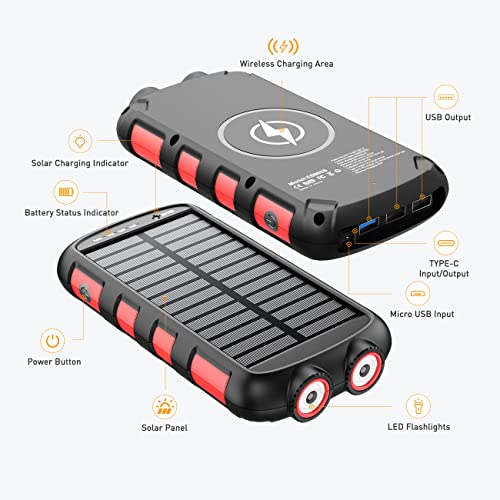 Fwnyha Solar Power Bank 36800mAh Portable Charger 12V/9V/5V 18W USB-C Fast Charging,15W Wireless Output, IP66 Waterproof External Battery Pack Compatible with iPhone 12,13,Mac,Samsung Galaxy,Tablet