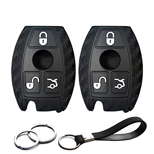 INFIPAR 2pcs Compatible with Mercedes Benz Smart Carbon Fiber Looks Rubber Silicone Case Cover Protector Keyless Remote Holder Jacket for 2002-2018 Mercedes-Benz C CLK CL E GL GLK ML R S SL SLK Class