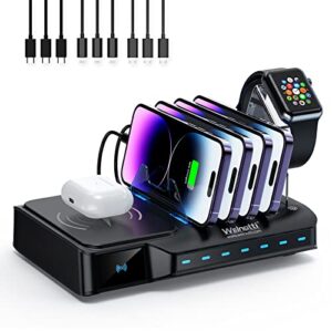 charging station organizer for multiple devices，welnotti 7-ports usb fast charger ports wireless charge compatible with cell phone,ipad,iwatch,tablets,for home (black)