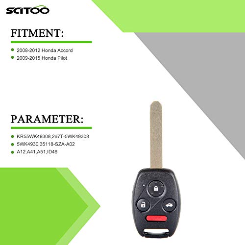 SCITOO 1X Keyless Entry Remote Control Key Fob fits 2008-2012 for Honda for Accord 2009-2015 for Honda for Pilot 5WK4930