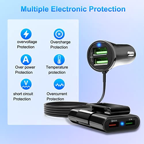 4 Multi Ports Car Charger, QC 3.0 Car Charger Adapter USB Car Charger for Smart Phone, Multi Cigarette Lighter Adapter Power Outlet Splitter Extender with 5FT Cable for Front and Back Seat Charging